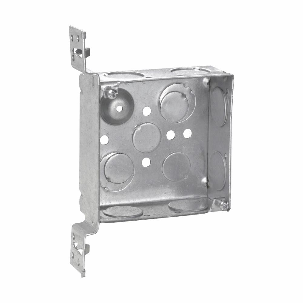 Eaton TP469 Eaton Crouse-Hinds series Square Outlet Box, (2) 1/2", (2) 1/2", (1) 3/4" E, 4", VMS, Conduit (no clamps), Welded, 1-1/2", Steel, (6) 3/4", 22.0 cubic inch capacity