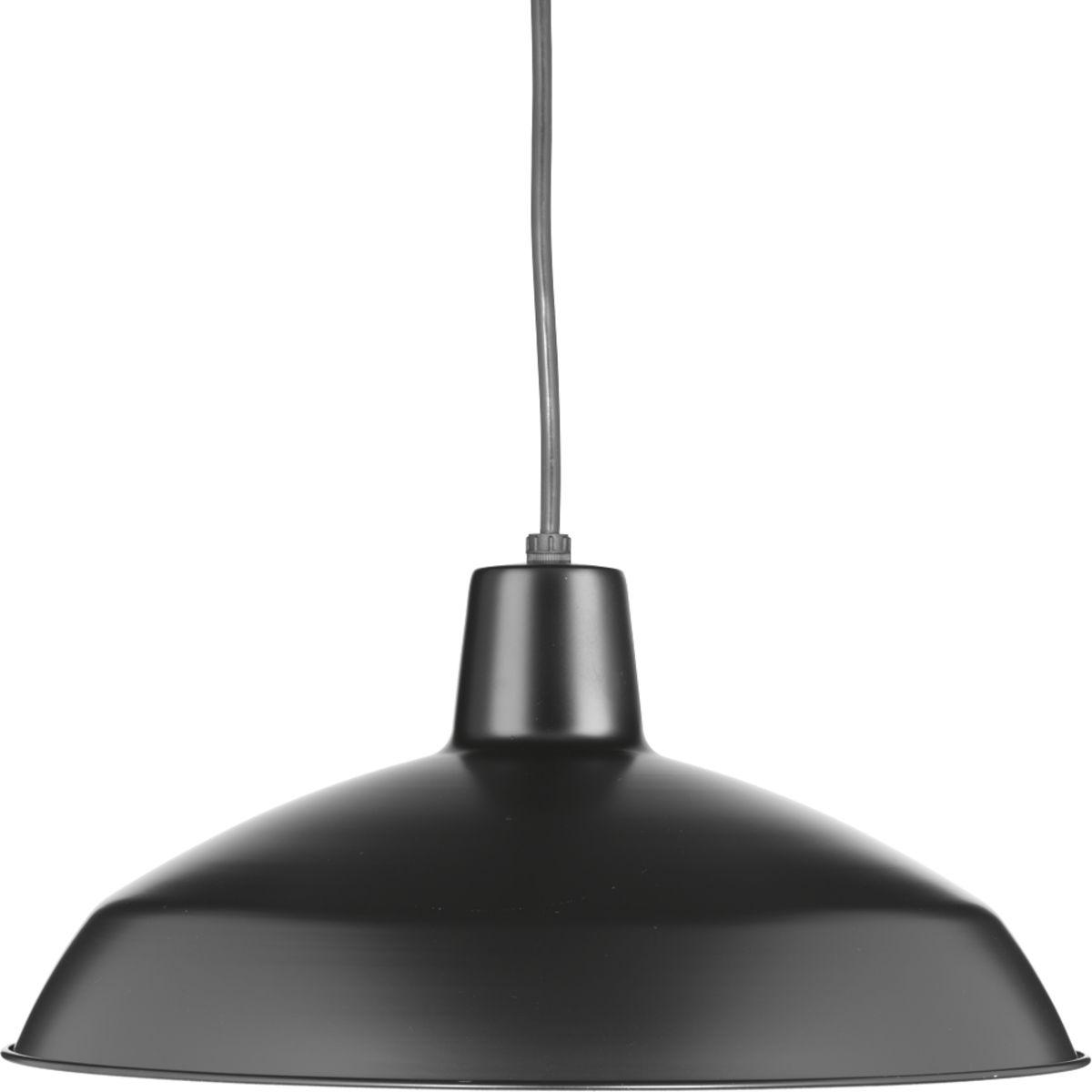 Hubbell P5094-31 One-light industrial style warehouse cord-hung pendant with spun metal shade. Gloss white inside shade for reflectivity. 3 Conductor SVT black cord. Black finish.  ; Black finish. ; Industrial inspired design. ; Spun metal shade.