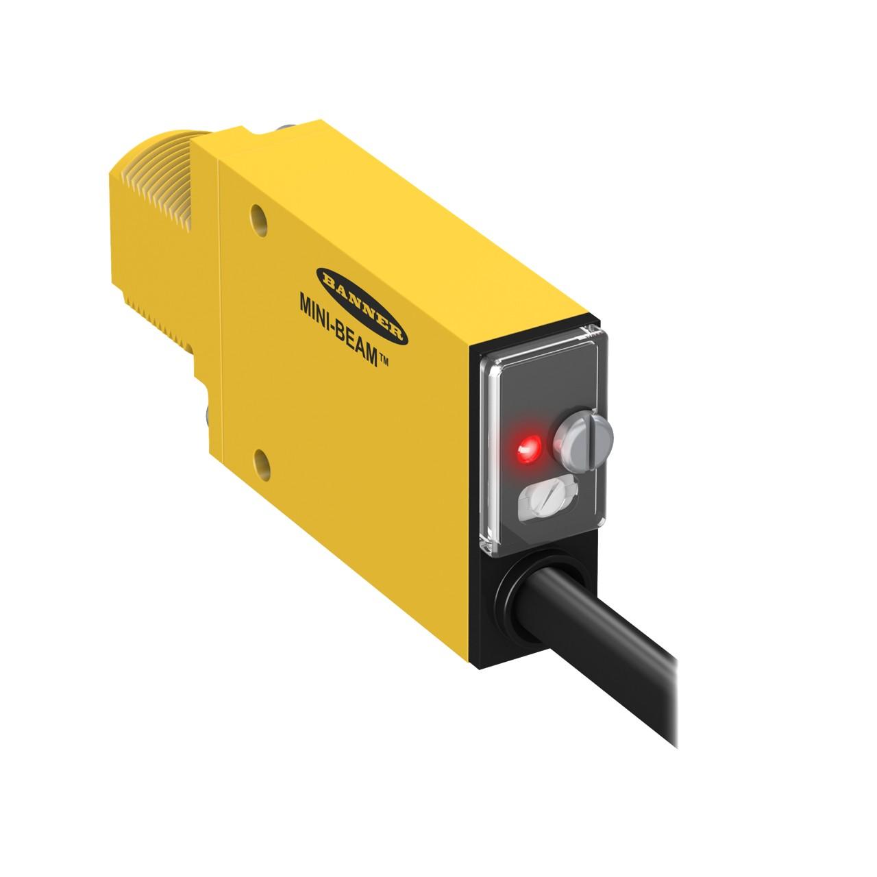 Banner SM2A312D Photo-electric sensor with diffuse mode - Banner Engineering (MINI-BEAM series - SM2A312) - Part #25965 - Sensing range 380mm - Visible red light (650nm) - 1 x digital output (Solid-state AC output; SPST contact type) (Light-ON or Dark-ON operation) - Sup