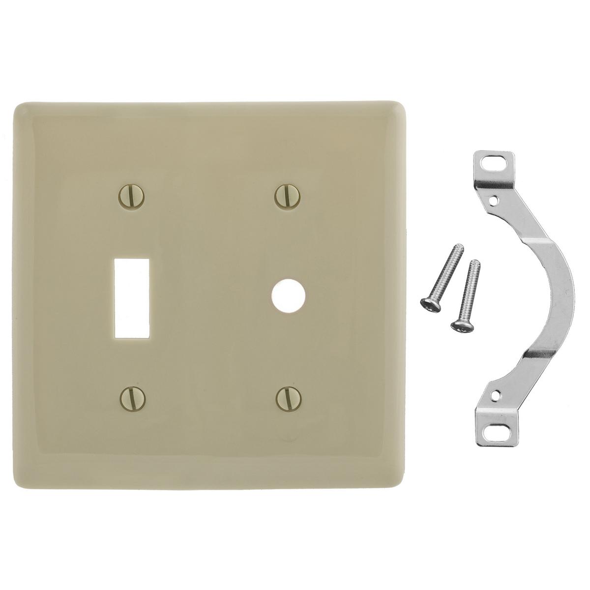 Hubbell NP112I Wallplates, Nylon, 2-Gang, 1) Toggle, 1) .406" Opening, Ivory  ; Reinforcement ribs for extra strength ; High-impact, self-extinguishing nylon material ; Captive screw feature holds mounting screw in place ; Standard Size is 1/8" larger to give you extra 
