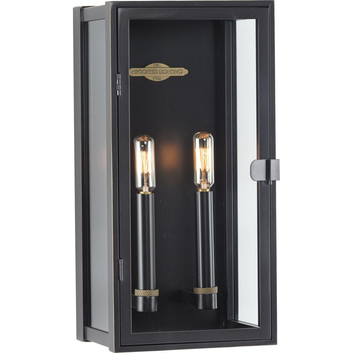 Hubbell P560268-108 Elevate your home's curb appeal with the Stature Collection 2-Light Oil-Rubbed Bronze Clear Glass Transitional Outdoor Medium Wall Lantern Light. An elongated frame coated in an oil-rubbed bronze finish with a traditional gaslight look modernized with cle