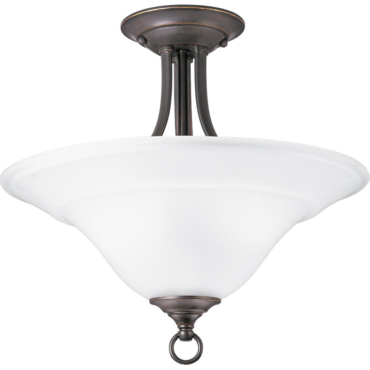 Hubbell P3473-20 Two-light semi-flush close-to-ceiling fixture featuring soft angles, curving lines and etched glass shades. Gracefully exotic, the Trinity Collection offers classic sophistication for transitional interiors. Sculptural forms of metal and glass are enhance