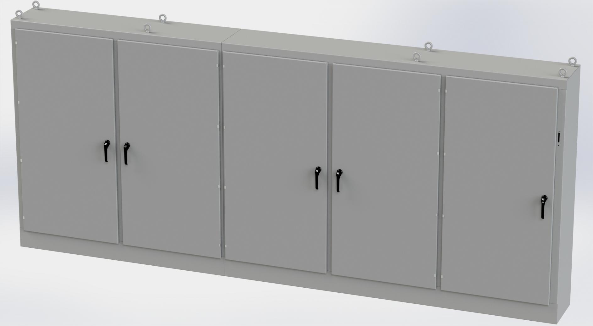 Saginaw Control SCE-84XM5EW18G 5DR XM Enclosure, Height:84.00", Width:196.75", Depth:18.00", ANSI-61 gray powder coating inside and out. Sub-panels are powder coated white.