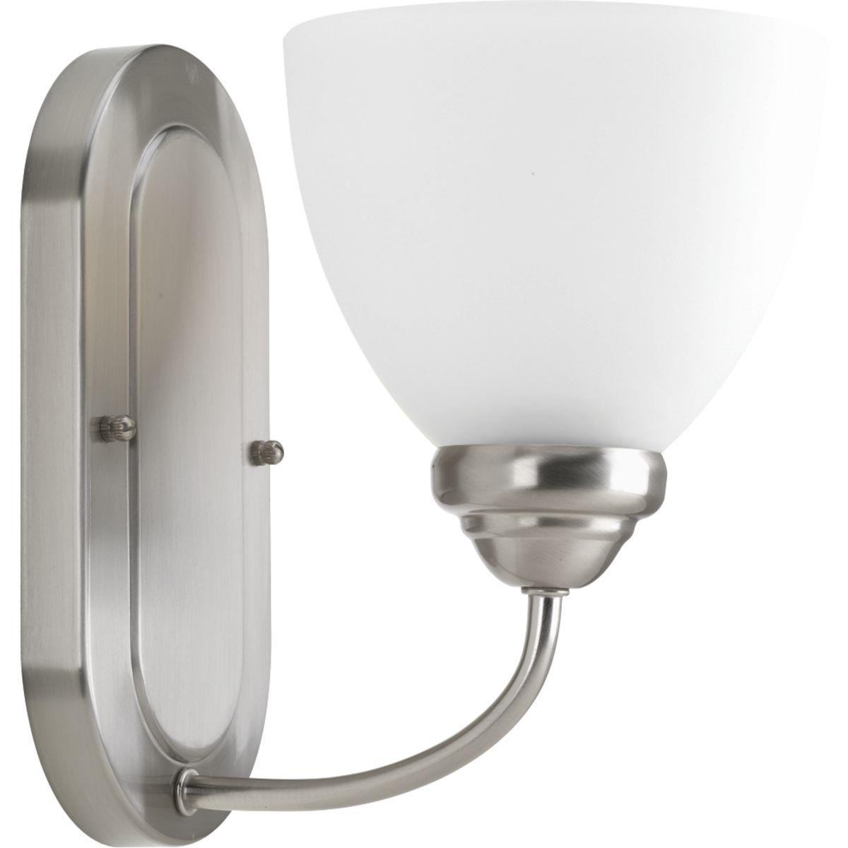 Hubbell P2913-09 The Heart Collection possesses a smart simplicity to complement today's home. This one-light bath bracket includes etched glass shades to add distinction and provide pleasing illumination to any room. Versatile design permits installation of fixture facin