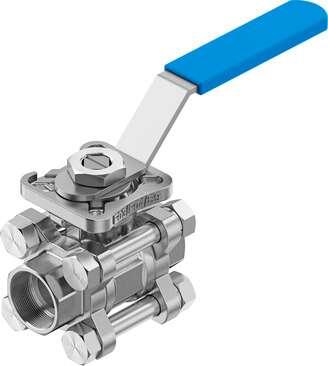 Festo 8089057 ball valve VZBE-1/2-WA-63-T-2-F0304-M-V15V15 Design structure: 2-way ball valve with hand lever, Type of actuation: mechanical, Sealing principle: soft, Assembly position: Any, Mounting type: Line installation