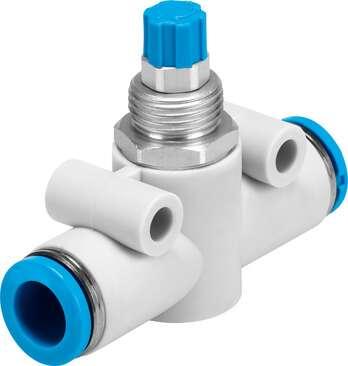 Festo 193970 one-way flow control valve GR-QS-8 With flow adjustable in one direction. Valve function: One-way flow control function, Pneumatic connection, port  1: QS-8, Pneumatic connection, port  2: QS-8, Adjusting element: Knurled screw, Mounting type: (* Front pa