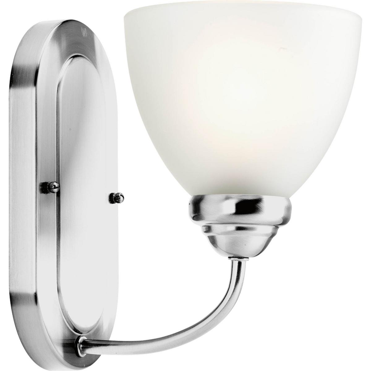Hubbell P2913-15 The Heart Collection possesses a smart simplicity to complement today's home. This one-light bath bracket includes etched glass shades to add distinction and provide pleasing illumination to any room. Versatile design permits installation of fixture facin
