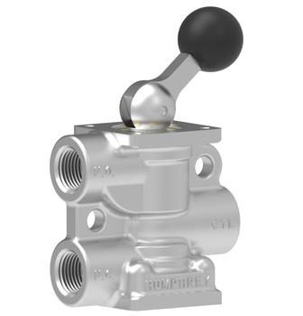Humphrey 501V31220 Manual Valves, Detented Lever Operated Valves, Number of Ports: 3 ports, Number of Positions: 2 positions, Valve Function: Detent, Piping Type: Inline, Direct piping, Approx Size (in) HxWxD: 5.37 x 2 x 3.4, Media: Air, Inert Gas