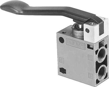 Festo 8990 finger lever valve THO-3-1/4-B Normally open. Valve function: 3/2 open, monostable, Standard nominal flow rate: 600 l/min, Operating pressure: -0,95 - 10 bar, Design structure: Poppet seat, Nominal size: 7 mm