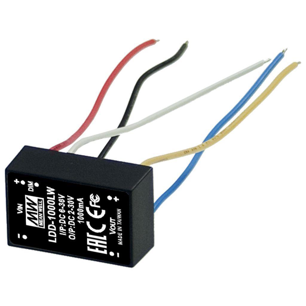 MEAN WELL LDD-1000LW DC-DC Step down LED driver Constant Current (CC); Input 6-36Vdc; Output 1A at 2-30Vdc; Wired in- output; Dimming with PWM + analog and remote ON/OFF