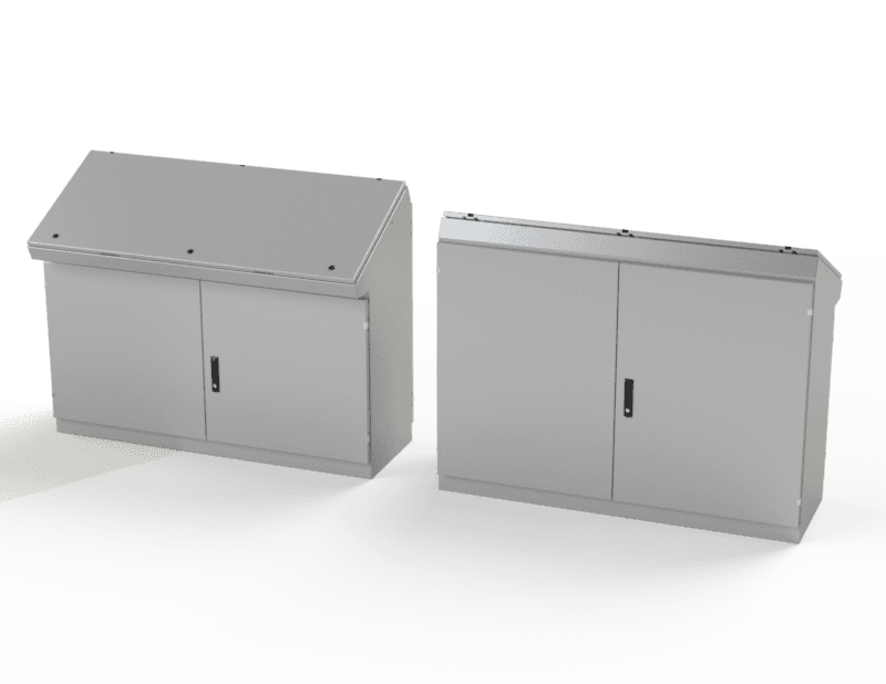 Saginaw Control SCE-466019DC Console, Dual Access Overlapping Two Door, Height:46.25", Width:59.88", Depth:18.50", ANSI-61 gray powder coating inside and out.  Optional sub-panels are powder coated white.
