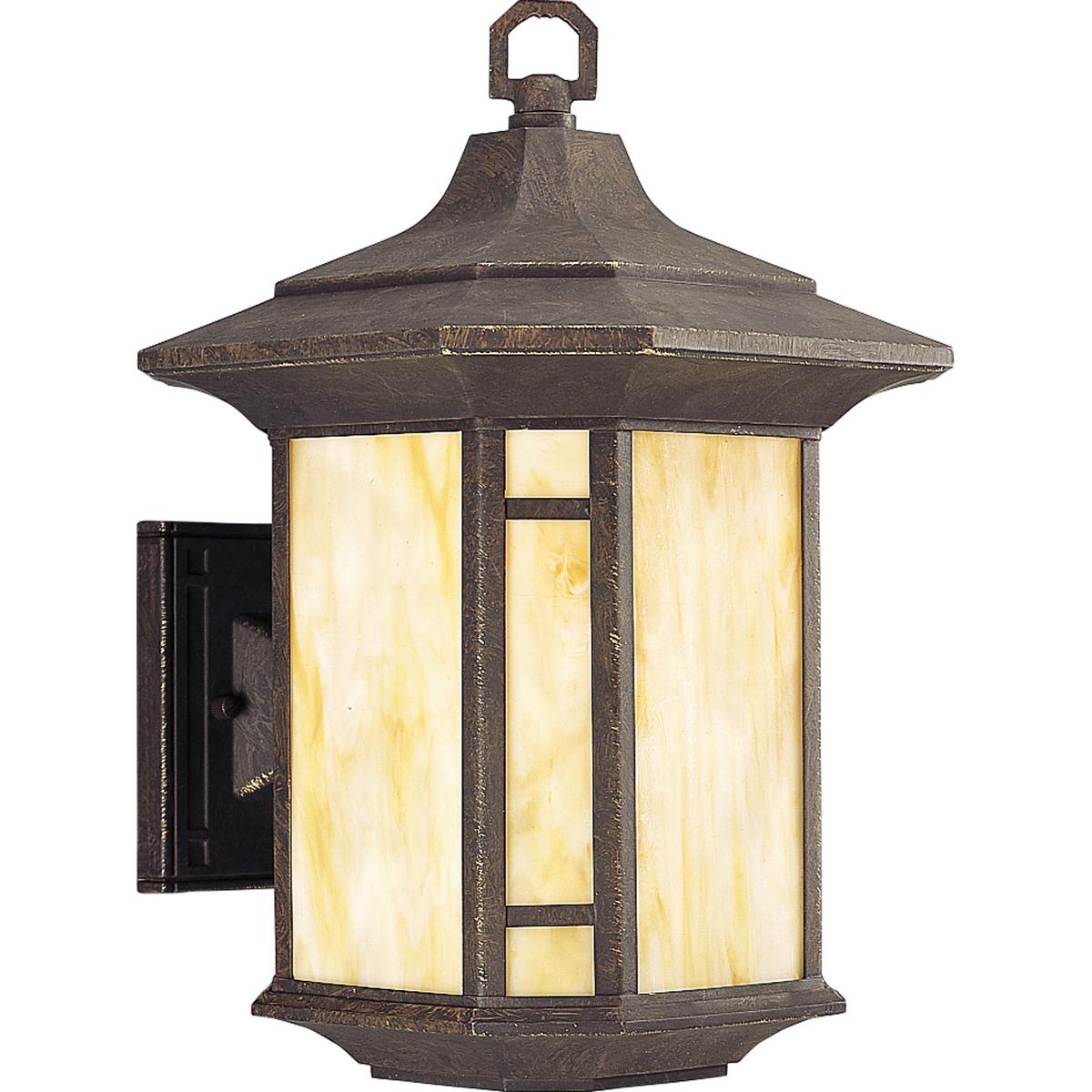 Hubbell P5629-46 One-light 10 inch wall lantern with Honey Art glass and mica accent panels. The craftsman styling of this fixture is perfect for many exteriors.  ; Weathered Bronze finish. ; Honey Art glass accented by rich hand painted details. ; Solid metal frame with 