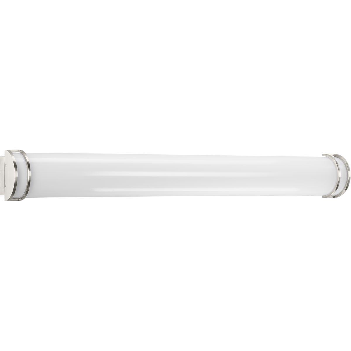 Hubbell P300244-009-30 This LED bath light offers a taste of subtle sophistication to any design. Beautiful brushed nickel bands cap each end of the shade for a clean, modern aesthetic. The shade includes an integrated 37w LED source provides energy and cost savings benefits.  