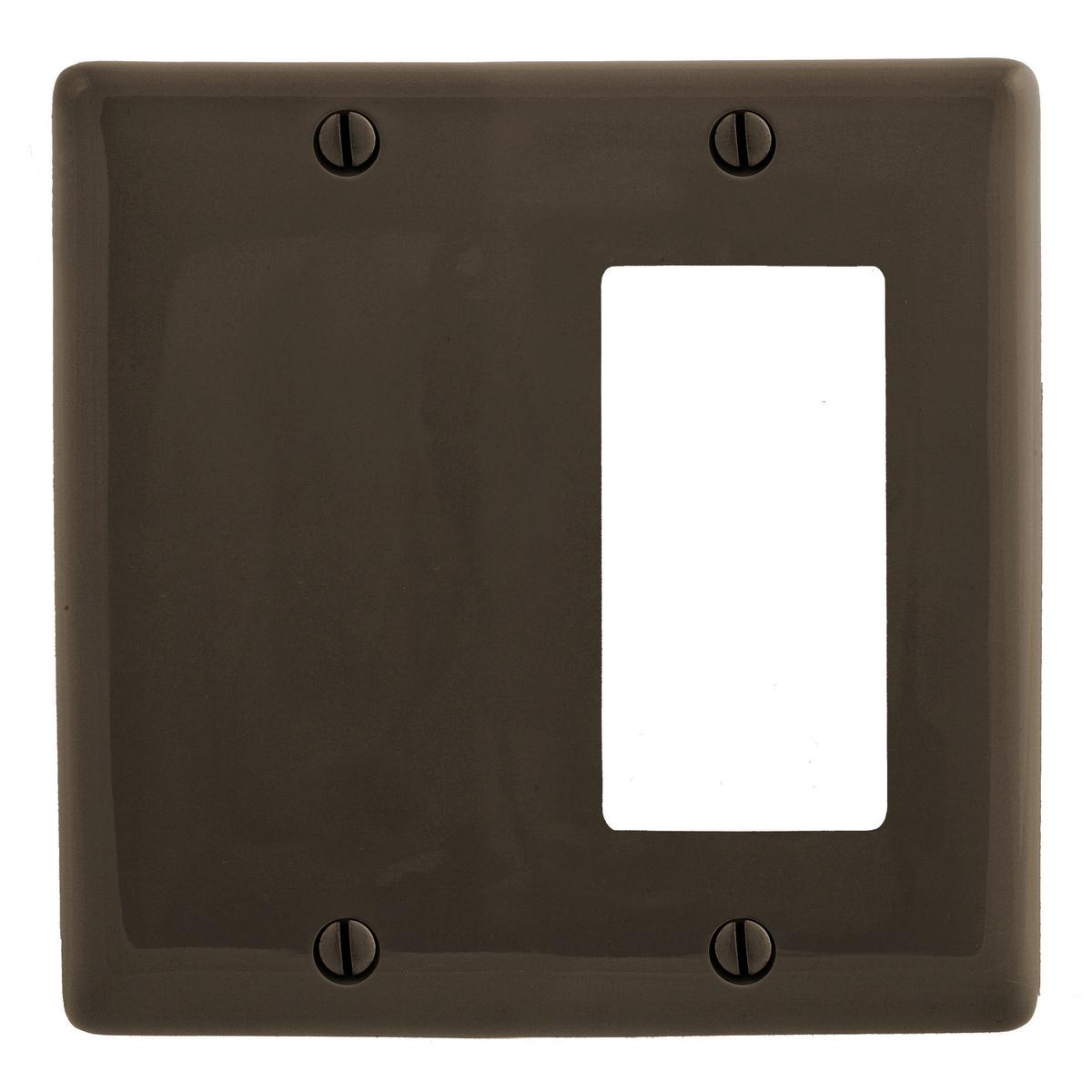 Hubbell NP1326 Wallplates and Box Covers, Wallplate, Nylon, 2-Gang, 1) Decorator 1) Blank, Brown  ; Reinforcement ribs for extra strength ; High-impact, self-extinguishing nylon material ; Captive screw feature holds mounting screw in place ; Standard Size is 1/8" large