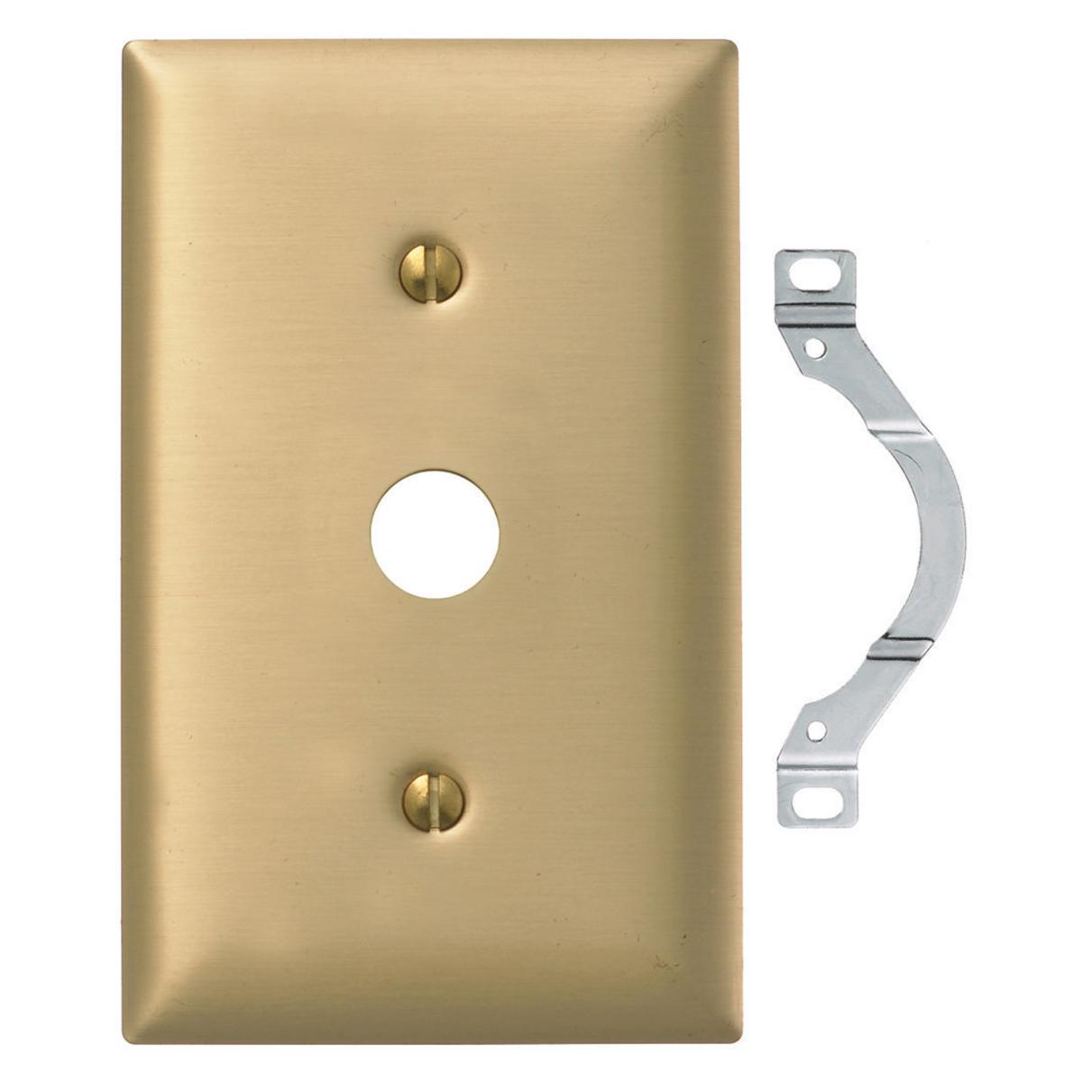 Hubbell SBP12 Wallplates and Boxes, Metallic Plates, 1- Gang, 1) .64" Opening, Standard Size, Brass Plated Steel  ; Non-magnetic and corrosion resistant ; Finish is lacquer coated to inhibit oxidation ; Protective plastic film helps to prevent scratches and damage ; Pr