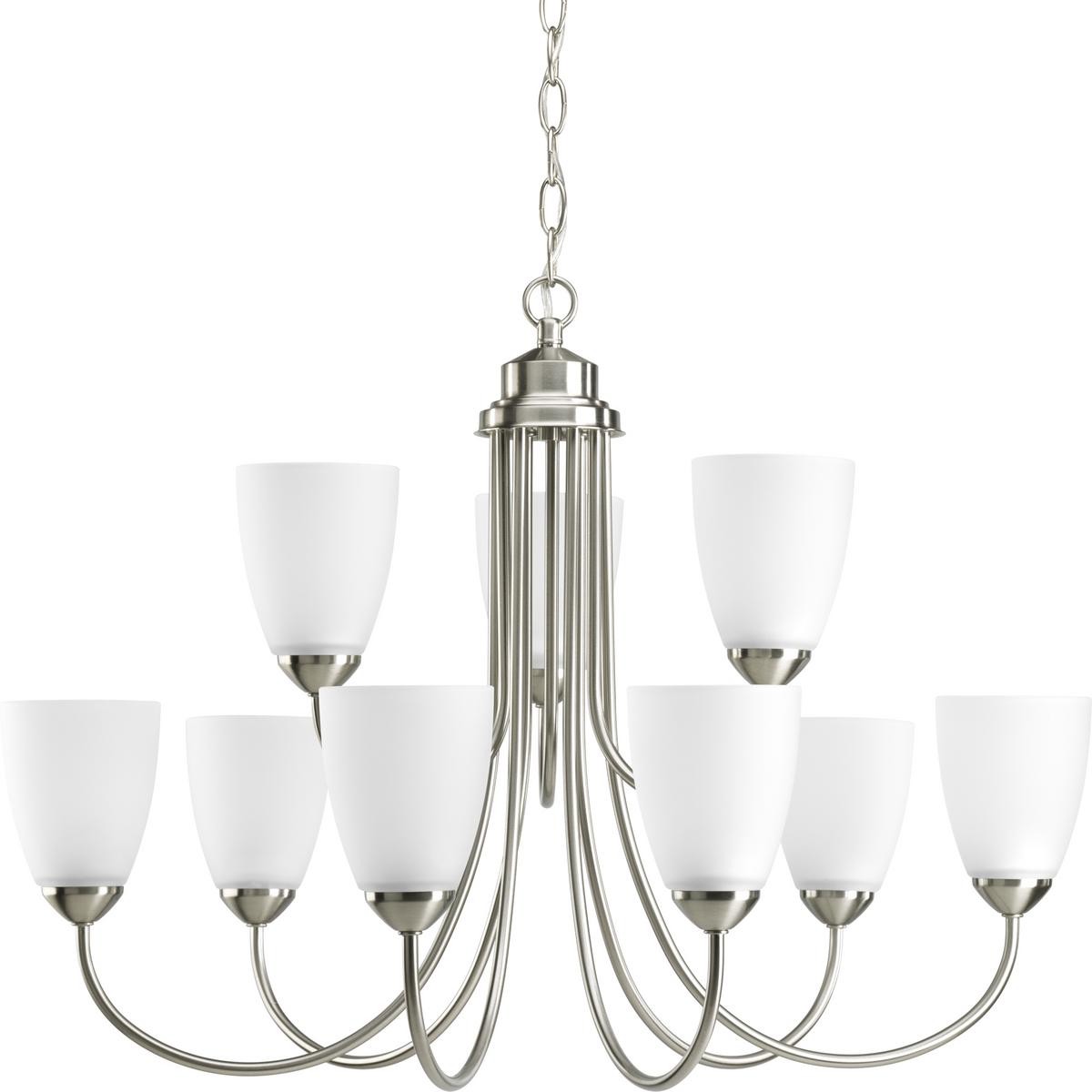 Hubbell P4627-09 Nine-light, two-tier chandelier from Gather possesses a smart simplicity to complement today's home. Brushed Nickel metal arms descend downwards and curve sharply to prop white etched glass shades. Etched glass add distinction and provide pleasing illumin
