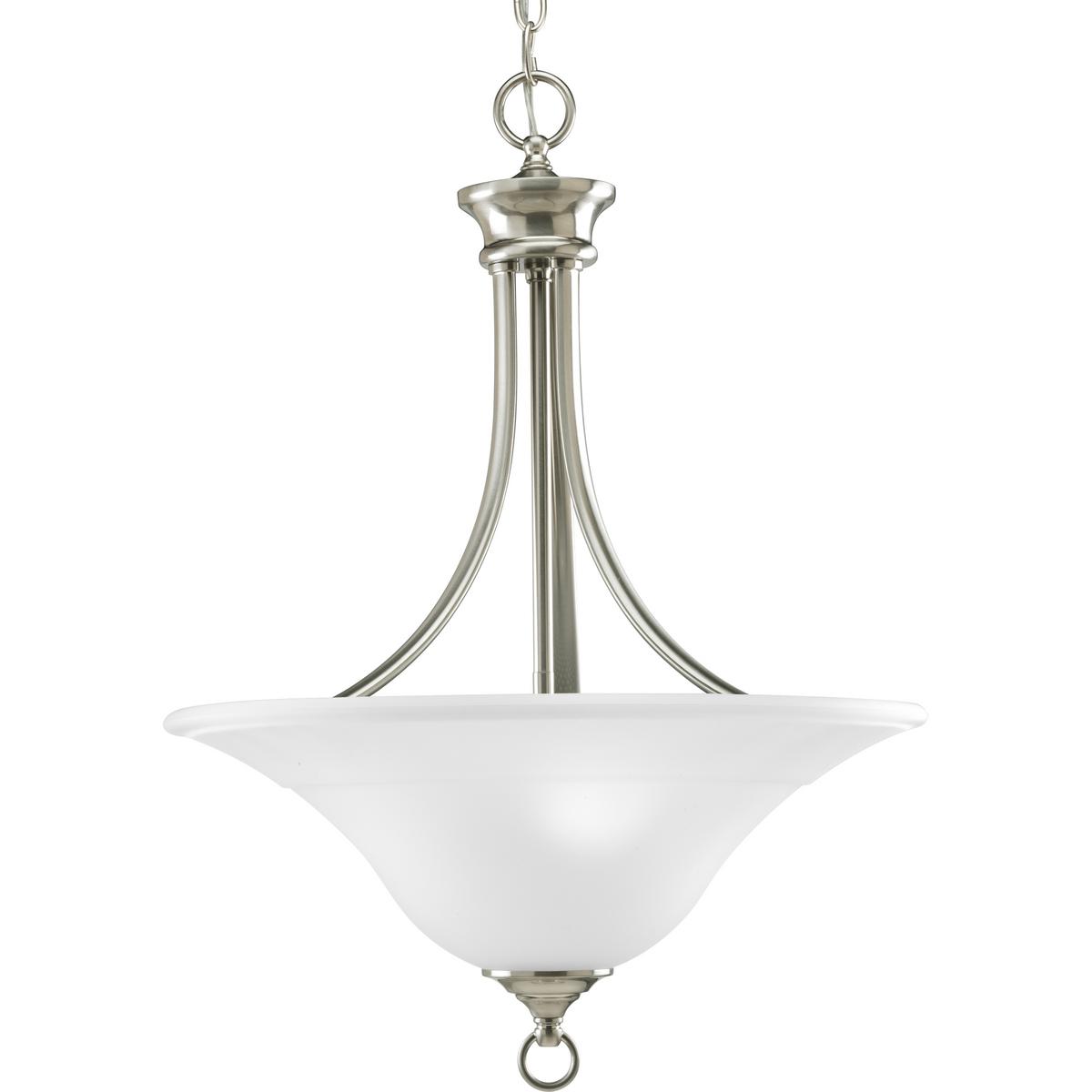 Hubbell P3474-09 Three-light hall and foyer fixture featuring soft angles, curving lines and etched glass shades. Gracefully exotic, the Trinity Collection offers classic sophistication for transitional interiors. Sculptural forms of metal and glass are enhanced by a clas