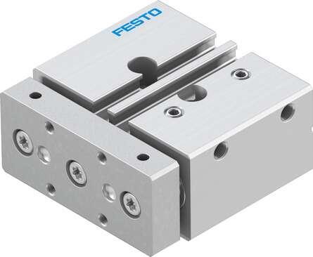 Festo 170899 guided drive DFM-12-10-P-A-KF With integrated guide. Centre of gravity distance from working load to yoke plate: 25 mm, Stroke: 10 mm, Piston diameter: 12 mm, Operating mode of drive unit: Yoke, Cushioning: P: Flexible cushioning rings/plates at both ends