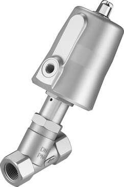 Festo 3536502 angle seat valve VZXF-L-M22C-M-A-G12-130-V4B2V-50-V Pneumatically actuated angle seat valve in stainless steel. Over seat version, safety position closed, G thread, vacuum, nominal width 1/2". Design structure: Poppet valve with piston actuator, Type of a