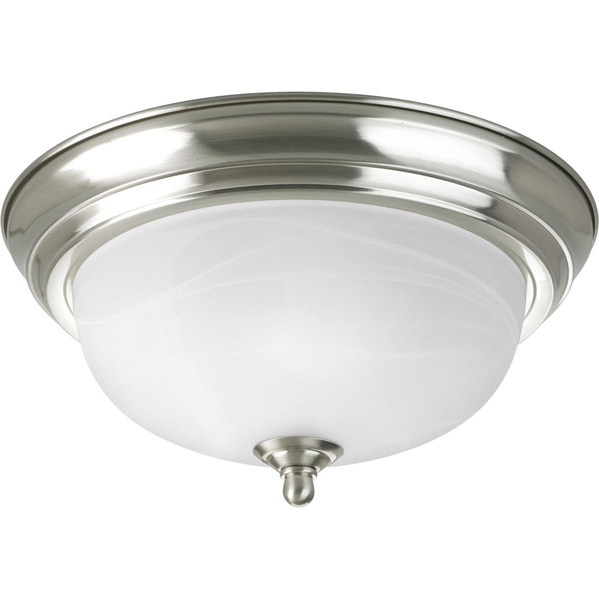 Hubbell P3924-09 One-light 11" flush mount with dome shaped alabaster glass, solid trim and decorative knobs. Center lock-up with matching finial. Brushed Nickel finish.  ; Brushed Nickel finish. ; Alabaster Glass. ; Decorative details. ; Requires one (1) 60-watt bulbs (n