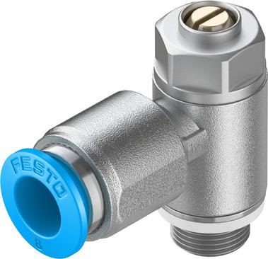 Festo 193159 one-way flow control valve GRLZ-1/8-QS-8-D For supply air flow control, with swivel joint. Valve function: one-way flow control function for supply air, Pneumatic connection, port  1: QS-8, Pneumatic connection, port  2: G1/8, Adjusting element: Slotted h