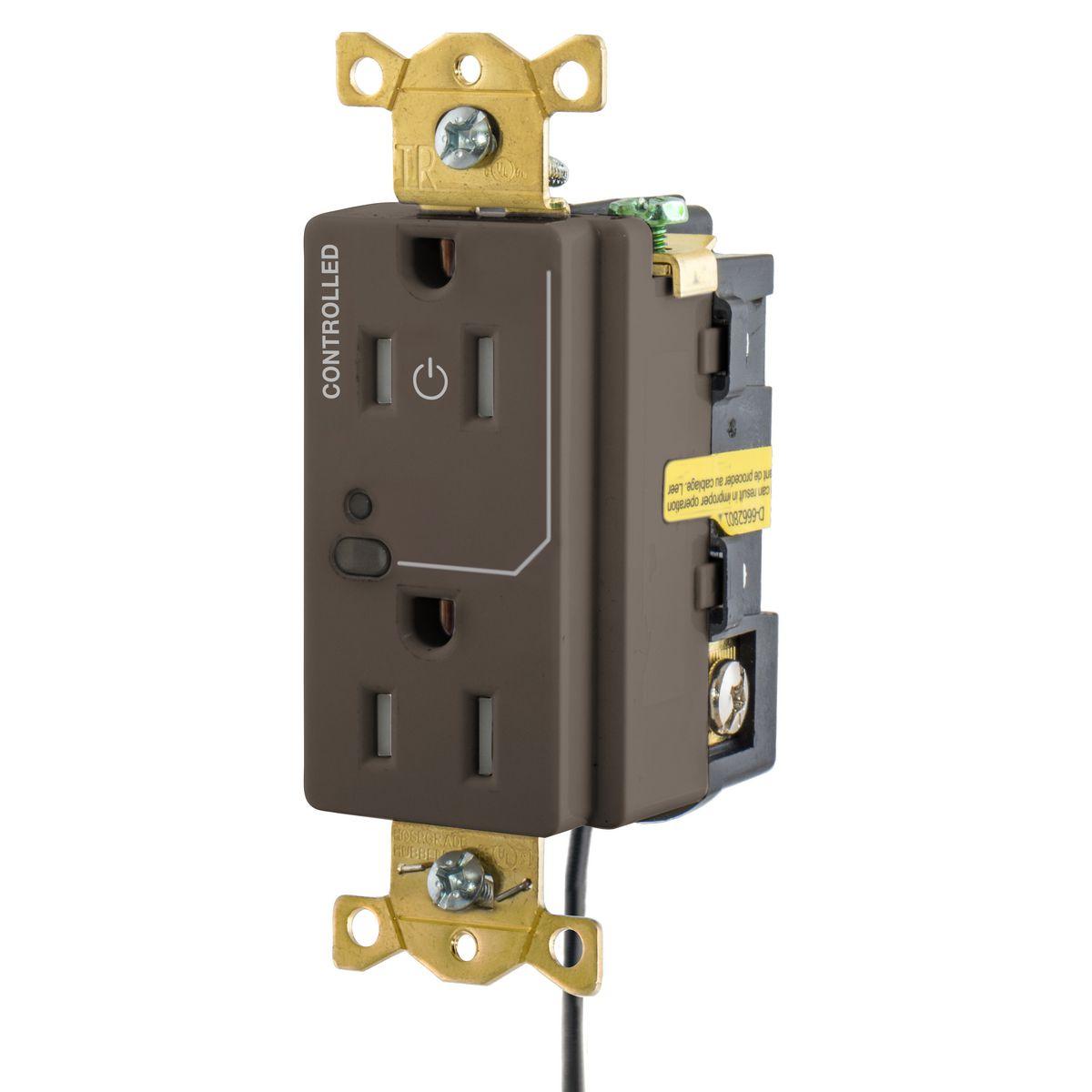 Hubbell HBL5262LC1 Straight Blade Devices, Logic Load Control Receptacles,Split Circuit , Industrial Grade, 15A 125V, 2-Pole 3-Wire Grounding, 5-15R, Brown.  ; Designed for Automatic Receptacle (plug load) Control ; Half controlled face and downstream control ; Low voltage 