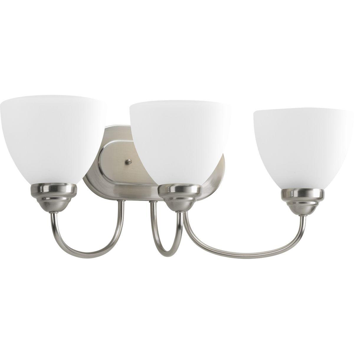 Hubbell P2919-09 The Heart Collection possesses a smart simplicity to complement today's home. This three-light bath bracket includes etched glass shades to add distinction and provide pleasing illumination to any room. Versatile design permits installation of fixture fac