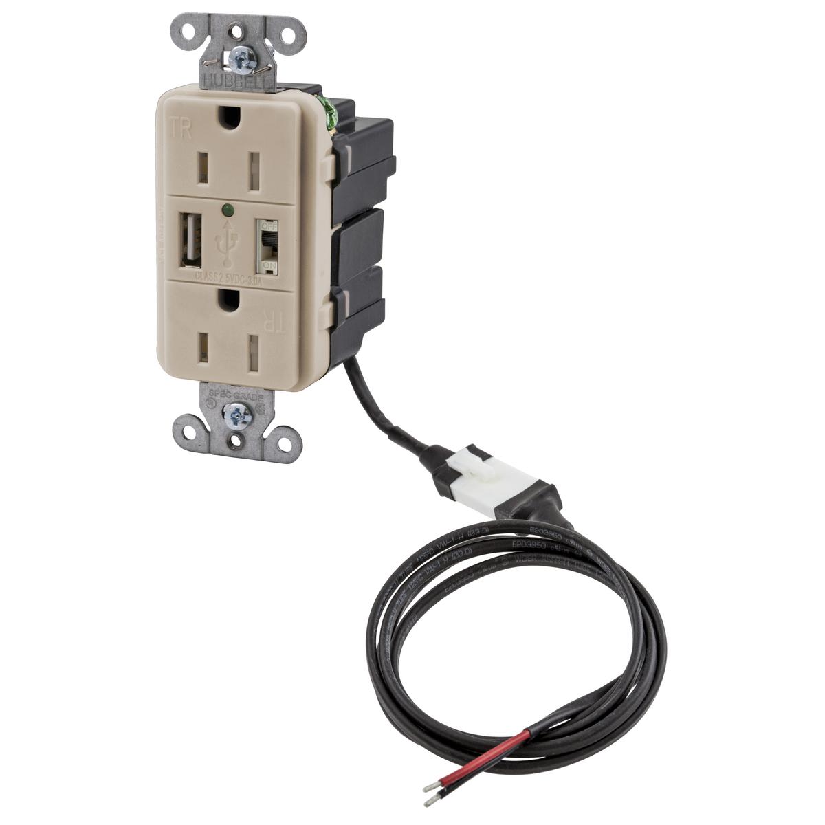 Hubbell AVPS152LA USB Charger Tamper-Resistant Receptacle, (1) USB Port 5A, 5V DC output, 15A, 125V AC Decorator Duplex, Light Almond 