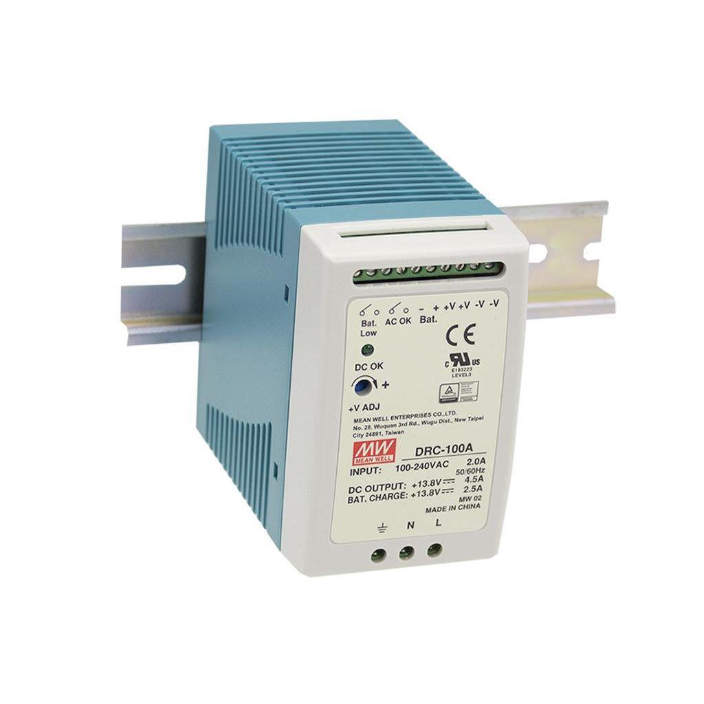 MEAN WELL DRC-100B AC-DC DIN rail single output power supply with battery charger (UPS function); Output 27.6Vdc at 2.25A and 27.6Vdc at 1.25A
