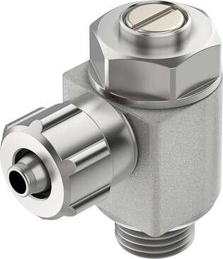Festo 151190 one-way flow control valve GRLZ-1/8-PK-4-B For supply air flow control, with swivel joint. Valve function: one-way flow control function for supply air, Pneumatic connection, port  1: PK-4 with sleeve nut, Pneumatic connection, port  2: G1/8, Adjusting el