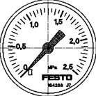Festo 162837 pressure gauge MA-50-2,5-1/4-EN With display unit in bar and psi. Indicating range [bar]: 0 - 2,5 bar, Conforms to standard: EN 837-1, Nominal size of pressure gauge: 50, Design structure: Bourdon-tube pressure gauge, Mounting type: Line installation