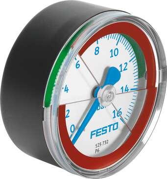 Festo 525726 pressure gauge MA-40-16-R1/8-E-RG With display unit in bar, adjustable red/green range. Indicating range [bar]: 0 - 16 bar, Conforms to standard: EN 837-1, Nominal size of pressure gauge: 40, Design structure: Bourdon-tube pressure gauge, Mounting type: L