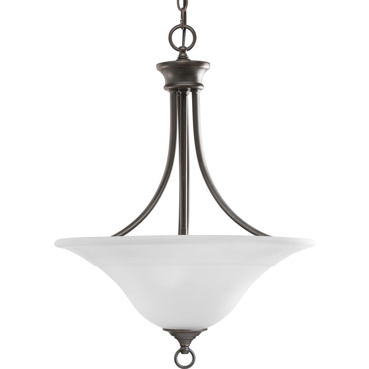 Hubbell P3474-20 Three-light hall and foyer fixture featuring soft angles, curving lines and etched glass shades. Gracefully exotic, the Trinity Collection offers classic sophistication for transitional interiors. Sculptural forms of metal and glass are enhanced by a clas