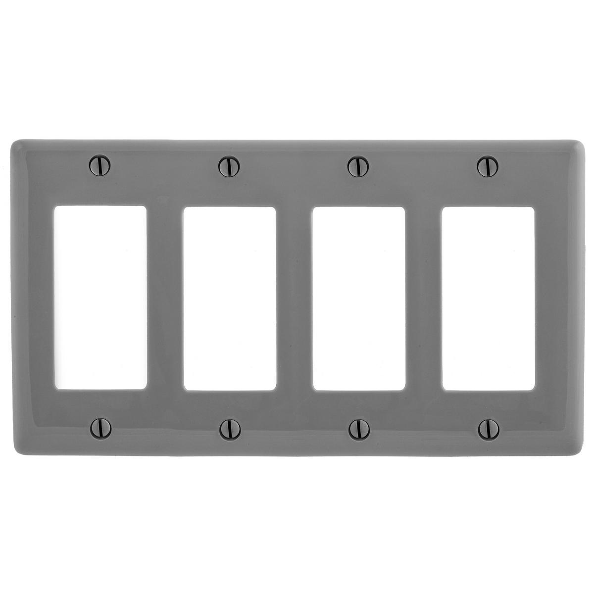Hubbell NPJ264GY Wallplates, Nylon, Mid-Sized, 2-Gang, 2) Decorator, Gray  ; Reinforcement ribs for extra strength ; Curved corners for improved aesthetics ; High-impact, self-extinguishing nylon material ; Standard Size is 1/8" larger to give you extra coverage to hide r