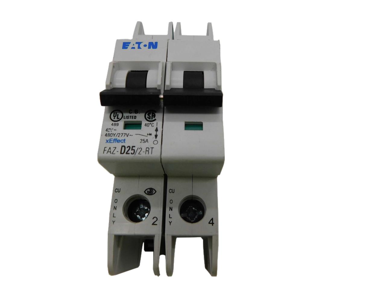 Eaton FAZ-D25/2-RT 277/480 VAC 50/60 Hz, 25 A, 2-Pole, 10/14 kA, 10 to 20 x Rated Current, Ring Tongue Terminal, DIN Rail Mount, Standard Packaging, D-Curve, Current Limiting, Thermal Magnetic