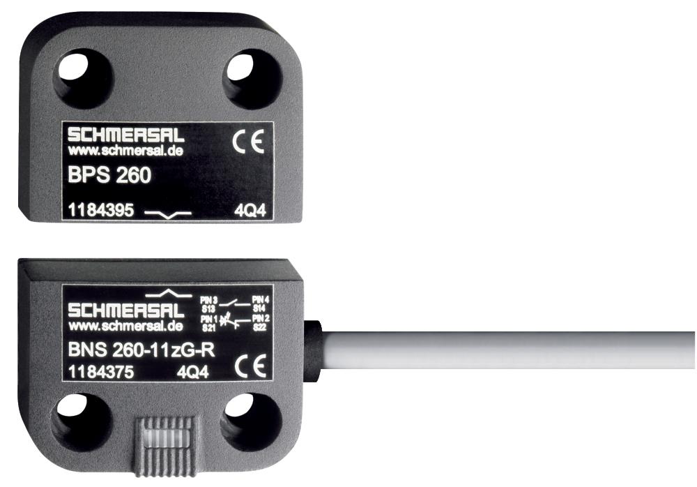 Schmersal BNS 260-02Z-R Safety sensors; Magnetic safety sensors; Pre-wired cable; Thermoplastic enclosure; Small body; Concealed mounting possible; 26 mm x 36 mm x 13 mm; Long life; no mechanical wear; Insensitive to transverse misalignment; Insensitive to soiling