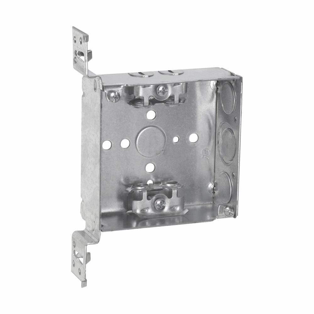 Eaton Corp TP459 Eaton Crouse-Hinds series Square Outlet Box, (1) 1/2", 4", VMS, 4, AC/MC clamps, Welded, 1-1/2", Steel, (2) 1/2", (1) 1/2", (1) 3/4" E, 22.0 cubic inch capacity