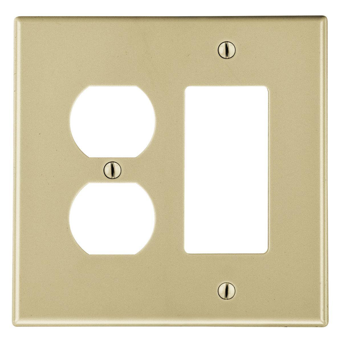 Hubbell P826I Wallplate, 2-Gang,  1) Duplex 1) Decorator, Ivory  ; High-impact, self-extinguishing polycarbonate material ; More Rigid ; Sharp lines and less dimpling ; Smooth satin finish ; Blends into wall with an optimum finish ; Smooth Satin Finish