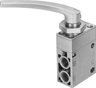 Festo 8987 hand lever valve H-3-1/4-B Valve function: 3/2 bistable, Standard nominal flow rate: 600 l/min, Operating pressure: -0,95 - 10 bar, Design structure: Poppet seat, Nominal size: 7 mm
