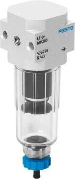 Festo 526299 filter LF-1/8-D-5M-MICRO With threaded connection plate, manual condensate drain Size: Micro, Series: D, Assembly position: Vertical +/- 5°, Grade of filtration: 5 µm, Condensate drain: manual rotary