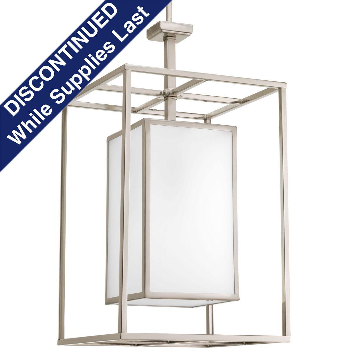 Hubbell P3921-09 The perfect intersection of rectilinear form and contemporary details. The one-light foyer fixture's architectural iron framework is finished with white etched glass.  ; Rectilinear form. ; One-light foyer fixture with architectural iron framework. ; Whit