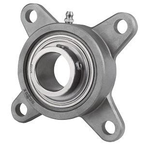 Dodge Industrial F4B-SCEZ-115-BEV Flange Block Bearing; 4 Bolt Square Flange Block; 1-15/16" Bore; 6.2" Bolt Circle Diameter; 4-3/8" Bolt Spacing; 1 Piece Solid; Set Screw; Stainless Steel; Ball Bearing; Relubricatable; Single Lip Contact Seal
