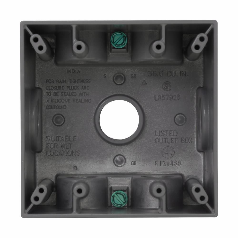 Eaton Corp TP7137 Eaton Crouse-Hinds series weatherproof outlet box, 37.0 cu in, Gray, 2-5/8" deep, Die cast aluminum, Two-gang, (7) 1/2" outlet holes