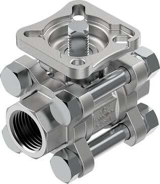 Festo 4809117 ball valve VZBE-1/2-T-63-T-2-F0304-V15V15 Stainless steel, 2/2-way, nominal width 1/2", top flange F0304, PN63, ASME B1.20.1 - NPT. Design structure: 2-way ball valve, Type of actuation: mechanical, Sealing principle: soft, Assembly position: Any, Mountin