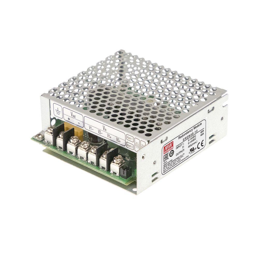 MEAN WELL ERDN40-12 40A Enclosed Redundancy Module to improve overall system operation reliability; Support 1+1 and N+1 redundancy system; 2 channels input and 1 output; DC OK; Input 12Vdc