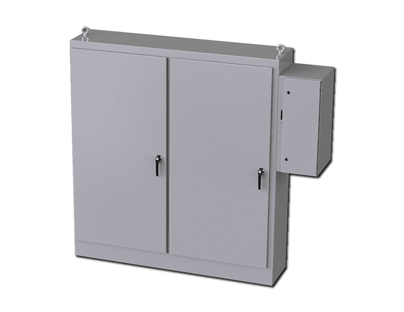 Saginaw Control SCE-84XD7818 2DR XD Enclosure, Height:84.00", Width:77.75", Depth:18.00", ANSI-61 gray powder coating inside and out. Sub-panels are powder coated white.