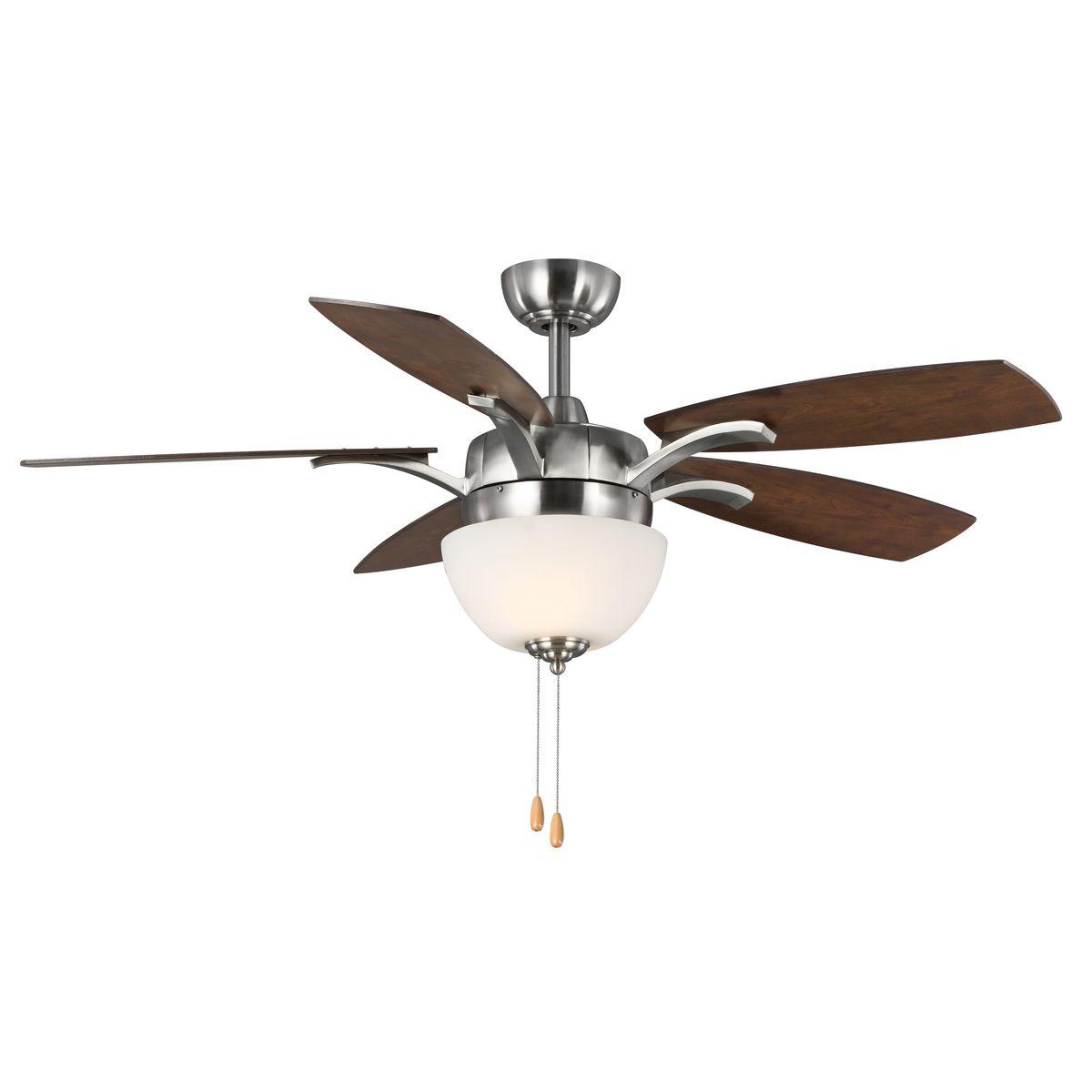 Hubbell P2598-09 The 52 in Olson five-blade ceiling fan features a generously sized etched watermark glass shade and sweeping blades highlighted with metal accents. Two 9W LED lamps are JA8 compliant, offering both form and function with energy and cost-savings benefits. 