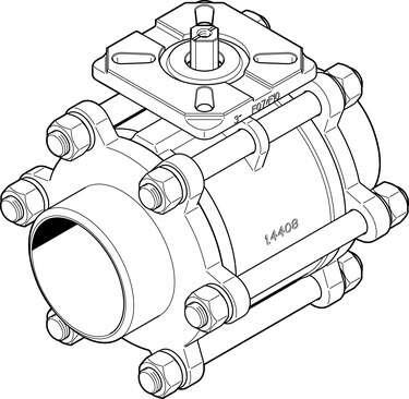 Festo 1686704 ball valve VZBA-3"-WW-63-T-22-F0710-V4V4T 2/2-way, flange hole pattern F0710, welded end. Design structure: 2-way ball valve, Type of actuation: mechanical, Sealing principle: soft, Assembly position: Any, Mounting type: Line installation