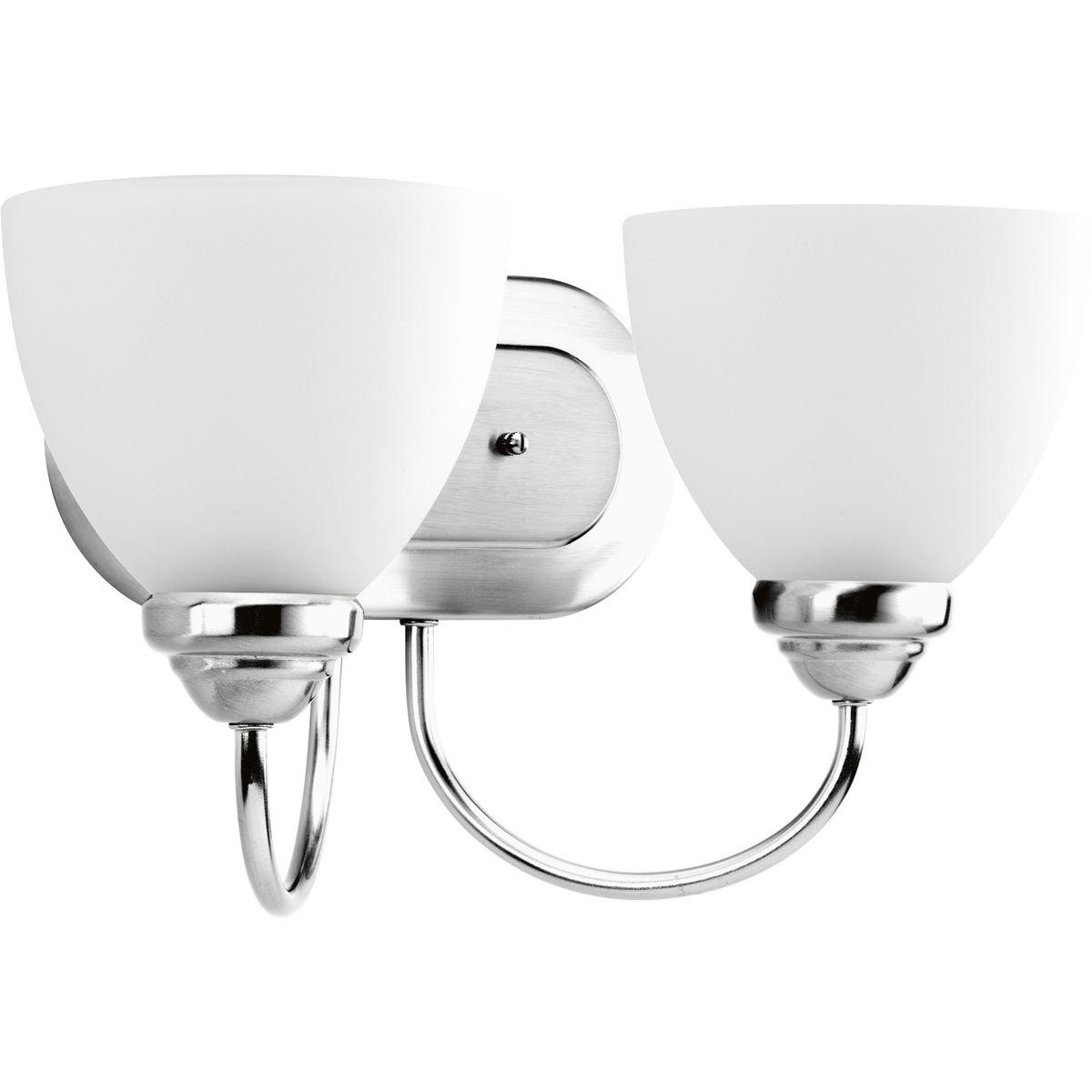Hubbell P2915-15 The Heart Collection possesses a smart simplicity to complement today's home. This two-light bath bracket includes etched glass shades to add distinction and provide pleasing illumination to any room. Versatile design permits installation of fixture facin
