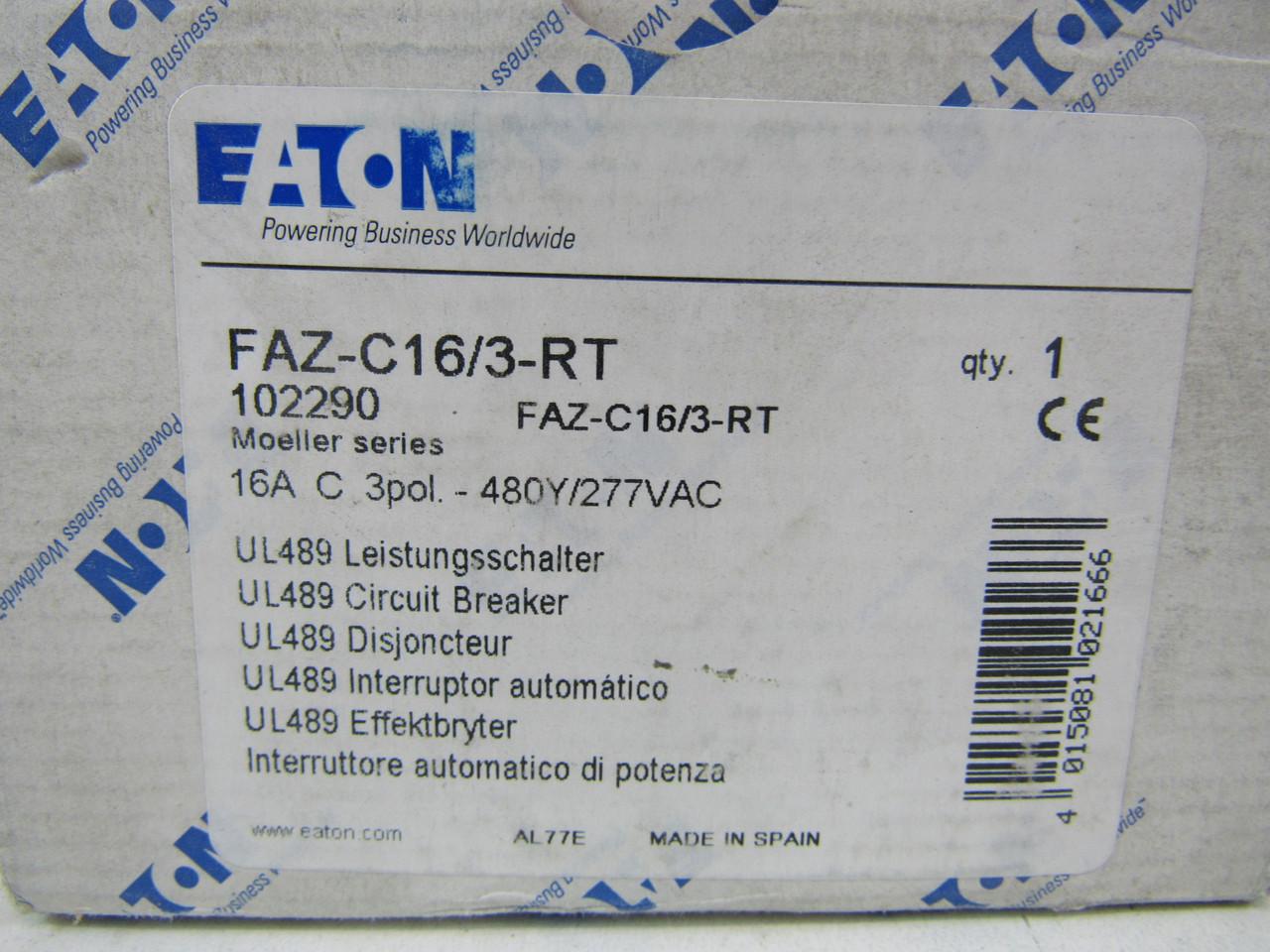 Eaton FAZ-C16/3-RT 277/480 VAC 50/60 Hz, 16 A, 3-Pole, 10/14 kA, 5 to 10 x Rated Current, Ring Tongue Terminal, DIN Rail Mount, Standard Packaging, C-Curve, Current Limiting, Thermal Magnetic